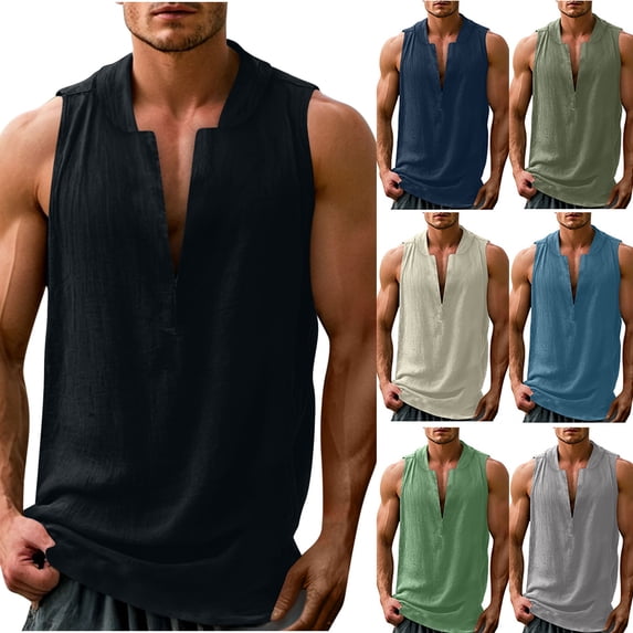 HVOBTTY Men's Summer T Shirt Casual Soft Solid V Neck Sleeveless Breathable Linen Lightweight Daily Outdoor Sport Training Wear Tank Top Black, S