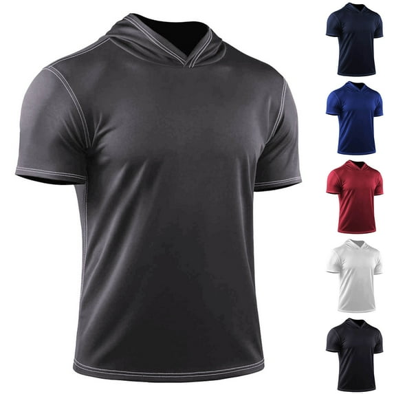 HVOBTTY Men's Summer T Shirt Casual Solid Color Short Sleeve Breathable Pullover Sport Training Wear Hooded Top Navy, XXL