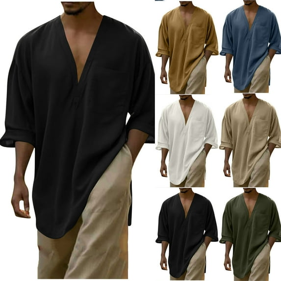 HVOBTTY Men's Summer T Shirt Casual Solid Color V Neck Short Sleeve Linen Pocket Breathable Loose Daily Wear Top Khaki, S