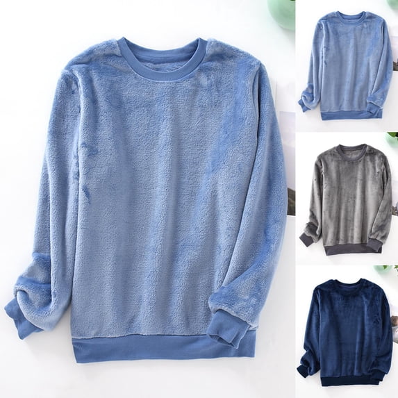 HVOBTTY Mens Breathable Pajama Top, Spring Pajama Top for Men, Men's Soft Casual Comfortable Solid Color Crew Neck Long Sleeve Warm Lightweight Homewear Fleece T Shirt Top Blue, XL