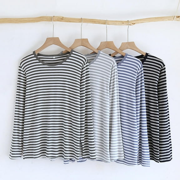 HVOBTTY Mens Breathable Pajama Top, Spring Pajama Top for Men, Men's Soft Casual Print Stripe Crew Neck Long Sleeve Sleepwear Warm Lightweight Comfortable Pajama Top Blue, XL