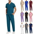 thumbnail image 1 of HVOBTTY Mens Comfy Pajama Set, Summer Pajama Set for Men, Men's Casual Soft Solid Color V Neck Scrub Short Sleeve Top with Pocket Elastic Waist Pants Workwear Pajamas Set White, M, 1 of 5