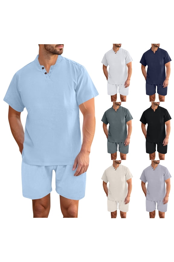 Mens Comfy Pajama Set, Summer Pajama Set for Men, Men's Casual Soft Solid Color V Neck Short Sleeve Top and Shorts Breathable Button Pockets Homrwear Pajama Set Black, M