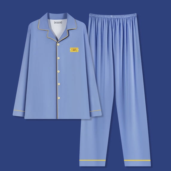 HVOBTTY Mens Soft Pajama Set, Spring Pajama Set for Men, Men's Fashion Casual Long Sleeve Collared Straight Leg Homewear Pajama Set Blue, XL