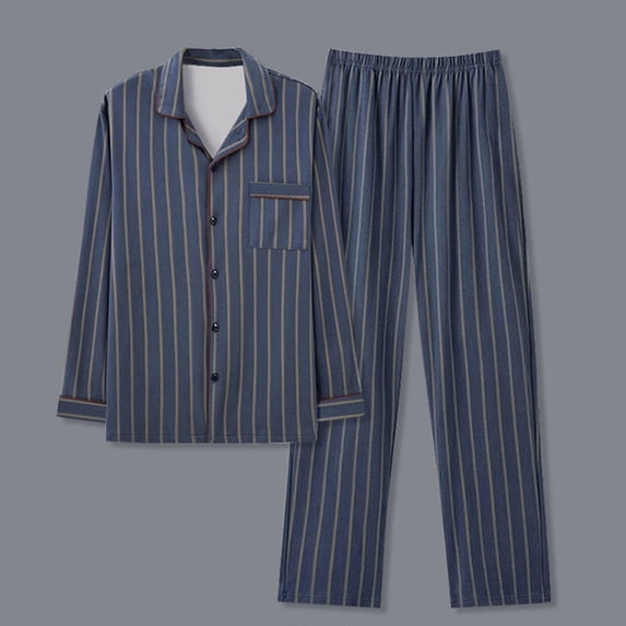 HVOBTTY Mens Soft Pajama Set, Spring Pajama Set for Men, Men's Fashion Casual Long Sleeve Collared Straight Leg Homewear Pajama Set Dark Blue, XXL