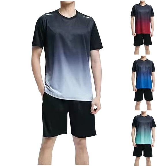 HVOBTTY Mens Soft Pajama Set, Summer Pajama Set for Men, Men's Breathable Gradient Sports Short Sleeve Crew Neck Top and Shorts Lightweight Elastic Waist 2 Piece Pajamas Set Red, XXL