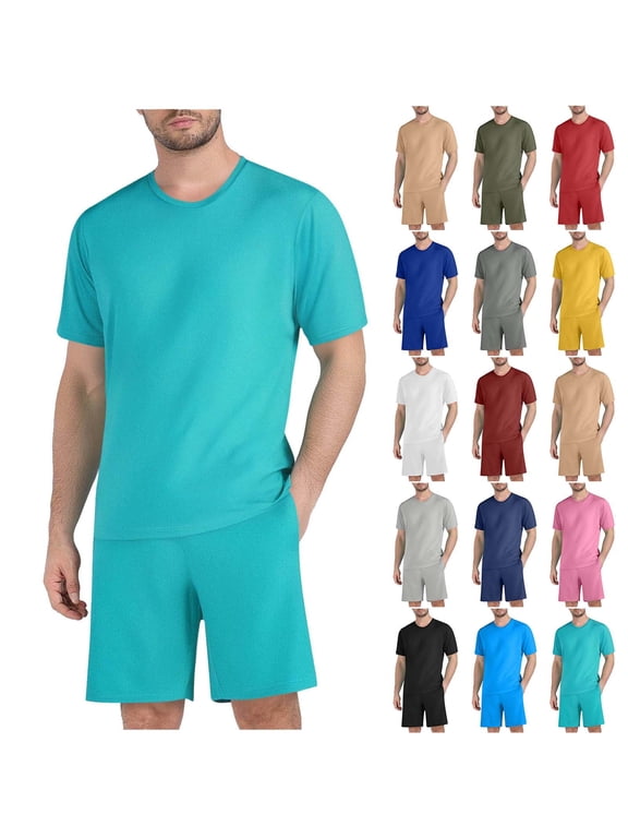 Mens Soft Pajama Set, Summer Pajama Set for Men, Men's Casual Fashion Solid Color Crew Neck Short Sleeve Top and Shorts Drawstring Waist Lightweight Beach Training Set Blue, M
