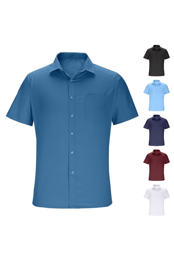 Mens Soft Versatile Pullover Top, Shirt for Men, Mens Casual Solid Color Collared Short Sleeve Loose Stretch Breathable Daily Base Shirts with Pocket Blue, 39