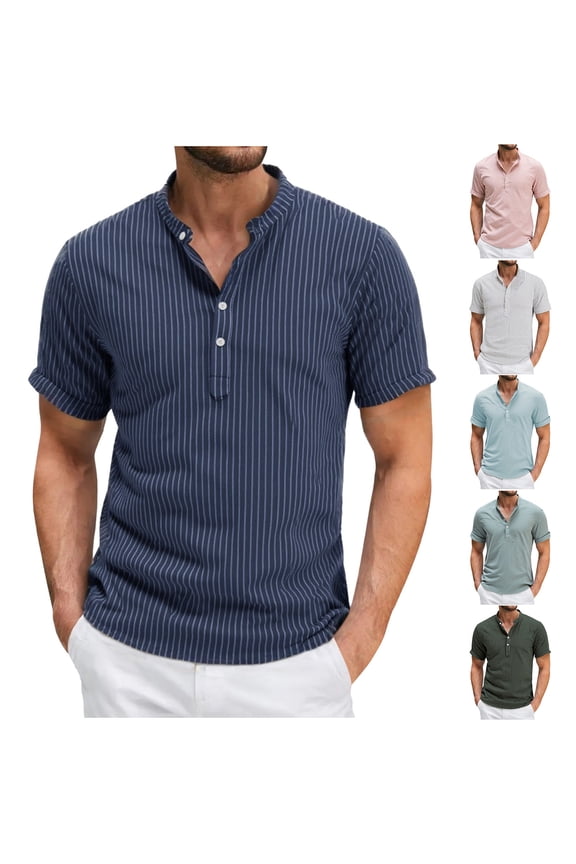 Mens Soft Versatile Pullover Top, Shirt for Men, Mens Casual Striped Half Open Button Linen Collared Short Sleeve Loose Daily Weekend Shirts Navy, XXL