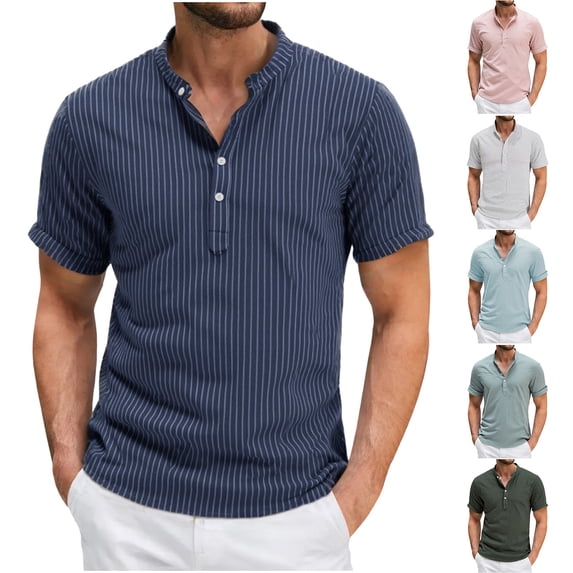 HVOBTTY Mens Soft Versatile Pullover Top, Shirt for Men, Mens Casual Striped Half Open Button Linen Collared Short Sleeve Loose Daily Weekend Shirts Pink, XXL