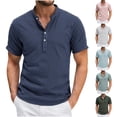 thumbnail image 1 of HVOBTTY Mens Soft Versatile Pullover Top, Shirt for Men, Mens Casual Striped Half Open Button Linen Collared Short Sleeve Loose Daily Weekend Shirts Sky Blue, L, 1 of 4
