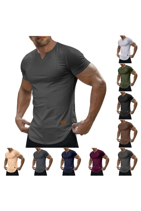 Mens Soft Versatile Pullover Top, T Shirt for Men, Mens Comfortable Solid Color Ribbed Texture V Neck Short Sleeve Loose Breathable Daily Base Layer Shirts Army Green, M