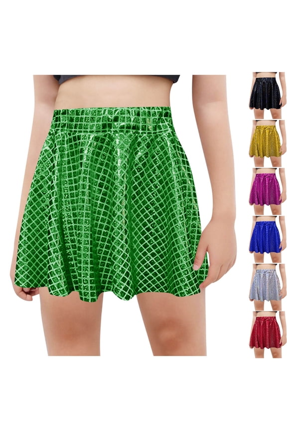 Summer Girl's Mini Pleated Skirt Solid Color Square Sequin A Line Princess Style