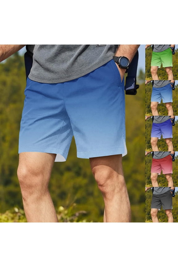 Men's Summer Straight Leg Bermuda Shorts Gradient Print Split Hem Inner Drawstring Pocket Hiking