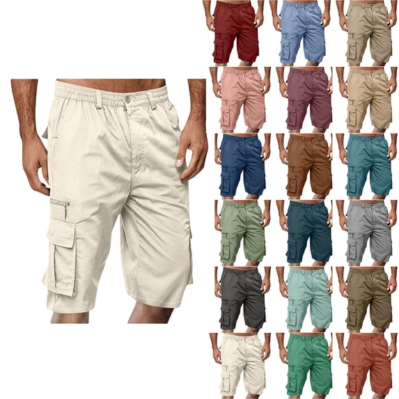 HVOBTTY Men's Summer Straight Leg Cargo Shorts Solid Color Multi Pocket Button Zipper Elastic Waist Functional