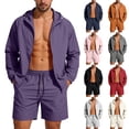 thumbnail image 1 of HVOBTTY Summer Men's Solid Color Long Sleeve Hooded Zip Up Jacket Ice Silk Shorts Sun Protection 2 Piece Set, 1 of 5