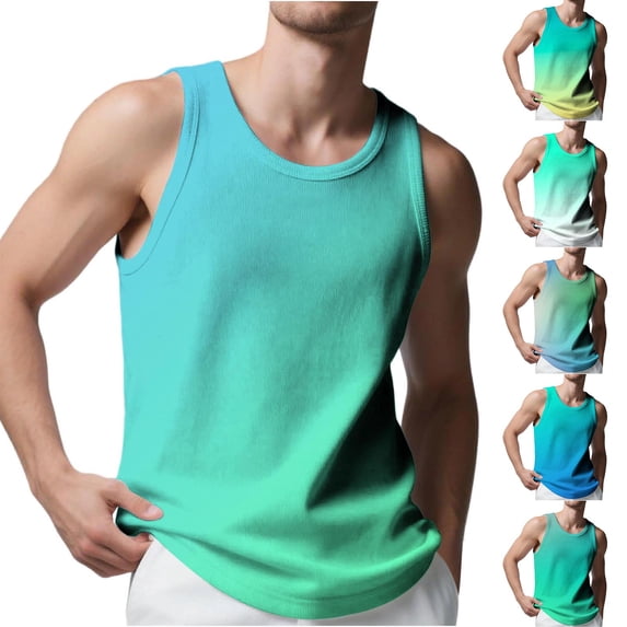 HVOBTTY Summer Men's Tank Top Round Neck Wide Strap Gradient Sport Slim Muscle Wear