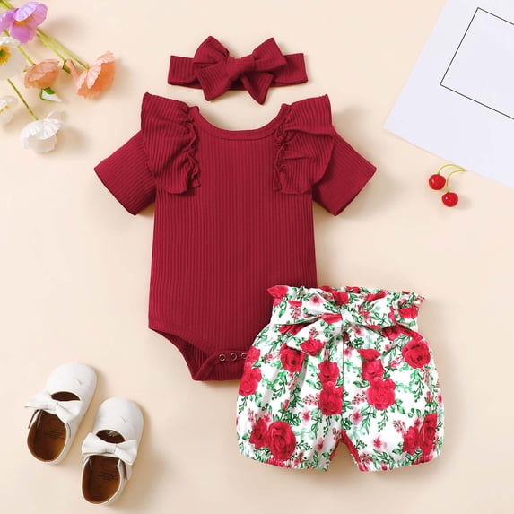 HVOBTTY Summer Toddler Girl's Short Sleeve Rompers Ribbed Bodysuit Floral Print Short Pants Matching Headband 3 Piece Play Outfit Casaual Wear