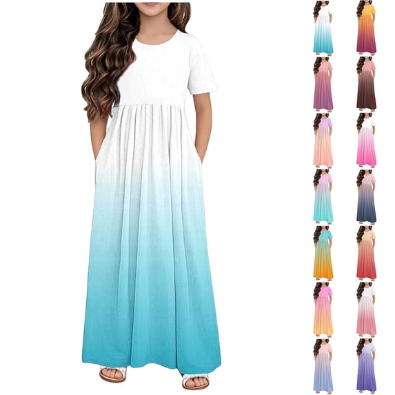 HVOBTTY Summer Toddler Girls Dresses Short Sleeve Gradient Print Round Neck with Pocket Casual Midi