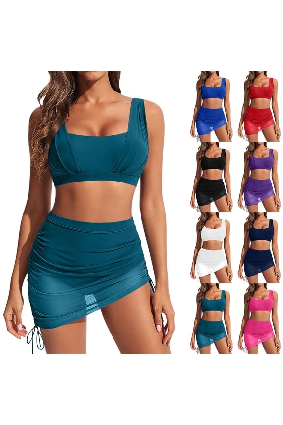 Summer Women's 2 Piece Bikini Swimsuit Set Solid Color Mesh Splice Drawstring Split Beach Bathing Suits with Relaxed for Outdoor Water Activity