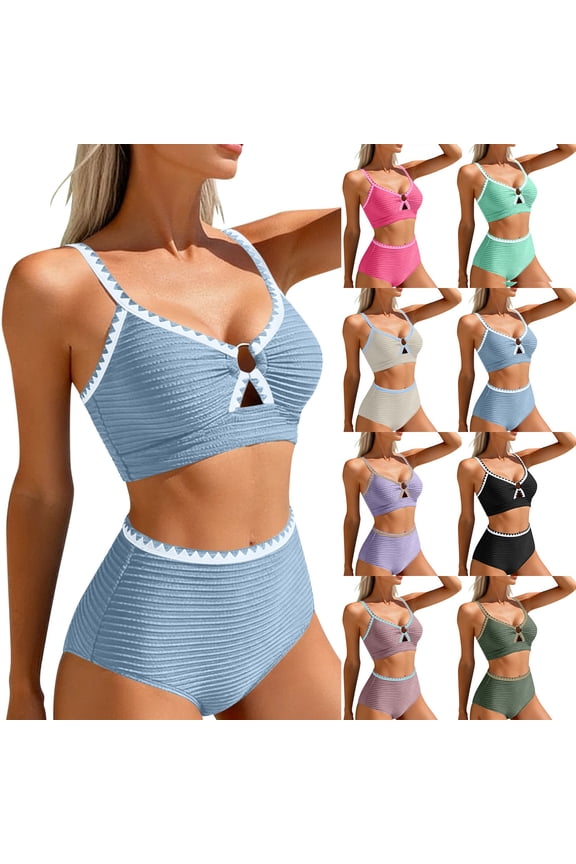 Summer Women's 2 Piece Bikini Swimsuit Set Solid Color Open Back Printed Wave Style Stretch Suits for Beach Pool Leisure Wear