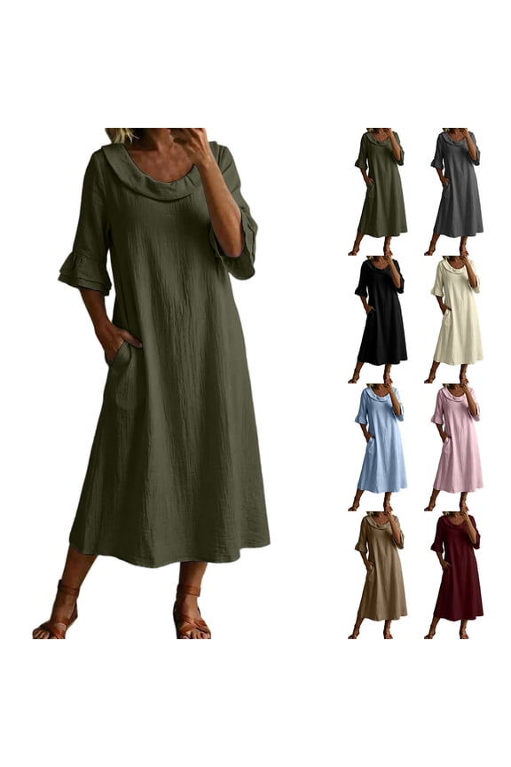 Summer Women's 3/4 Sleeve Maxi A-Line Dress Washed Crinkle Ruffle Collar A Line Mid Loose