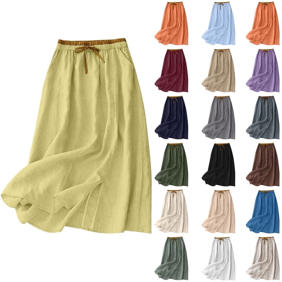 HVOBTTY Summer Women's A line Long Skirt Embroidered Cotton Linen Loose Vintage Elastic Waist Relaxed for Daily Casual Out