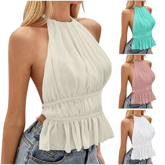 HVOBTTY Summer Women's Backless Tops Solid Color Backless Sleeveless Casual Soft T Shirt
