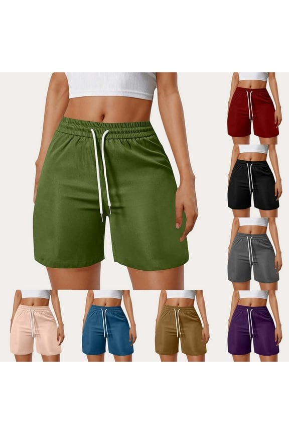 Summer Women's Casual Elastic Waist Cargo Solid Color Drawstring Side Pockets Comfortable Shorts Black, L