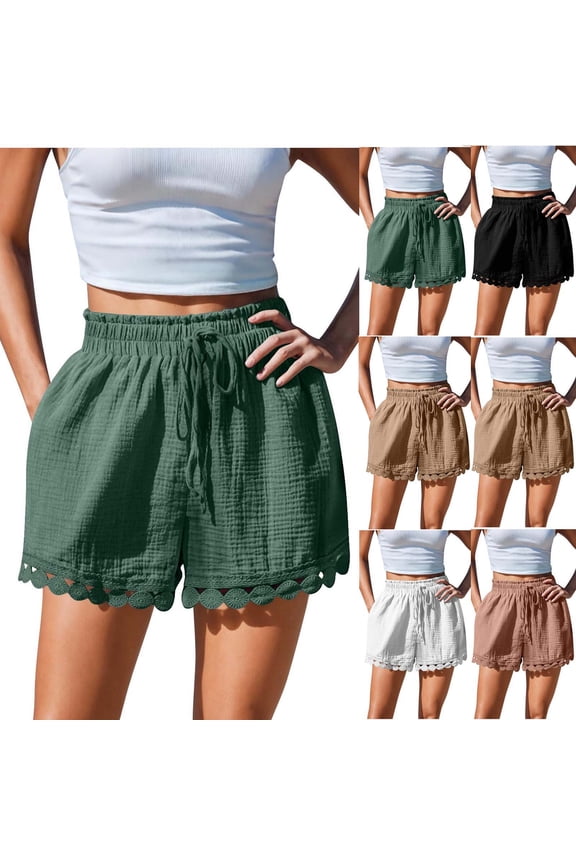 Summer Women's Casual Elastic Waist Solid Color Comfortable Straight Leg Drawstring with Pockets Shorts Khaki, L