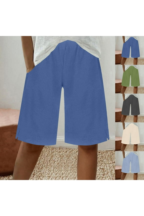 Summer Women's Casual Elastic Waist Solid Color Linen Like Drawstring Cuff Knee Length Shorts Light Blue, S