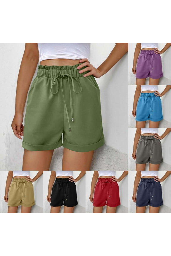 Summer Women's Casual Elastic Waist Solid Color Linen Like Drawstring Side Pockets Comfortable Shorts Black, S