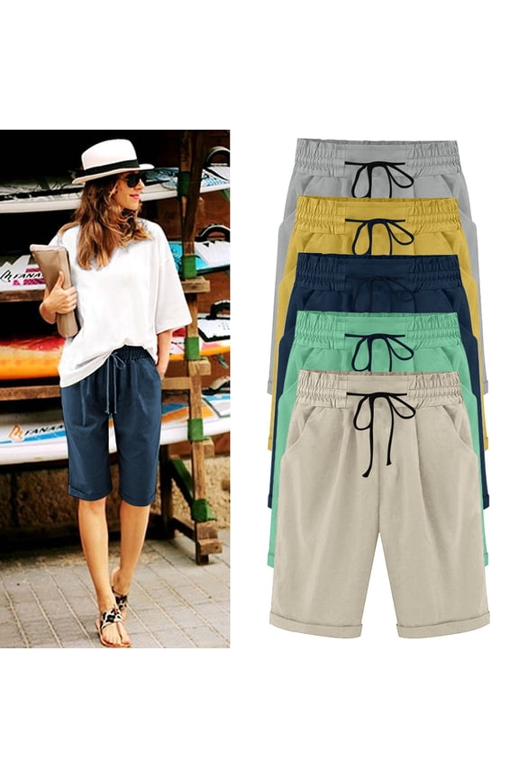 Summer Women's Casual Elastic Waist Solid Color Linen Like Drawstring Side Pockets Knee Length Shorts Navy, S