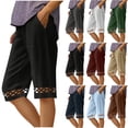 thumbnail image 1 of HVOBTTY Women's Summer Straight Leg Running Shorts Solid Color Linen with Elastic Waist Pockets and Lace Splicing Details, 1 of 5