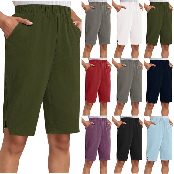 HVOBTTY Summer Women's Casual Elastic Waist Solid Color Linen Like Stretch Waist with Pockets Knee Length Shorts Gray, XL