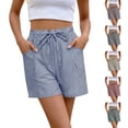 thumbnail image 1 of HVOBTTY Women's Summer Straight Leg Bermuda Short Striped Linen with Dstring Elastic Waist and Functional Pockets, 1 of 4