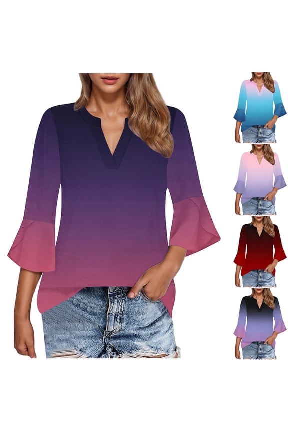 Summer Women's Casual Fashion Gradient Print V Neck 3/4 Sleeve Blouse Lightweight Top Blue, XXL
