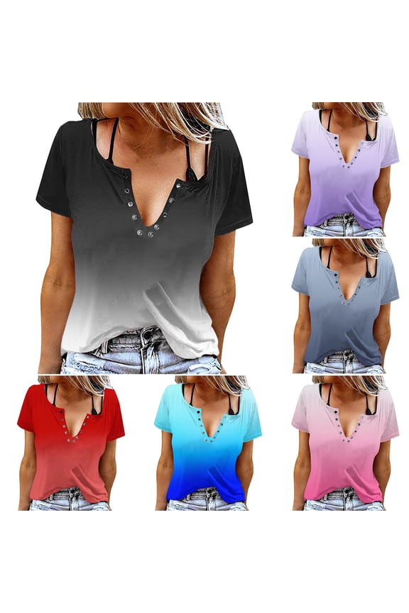 Summer Women's Casual Gradient Color Print V Neck Short Sleeve Snap Button T Shirt Red, S