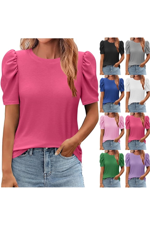 Summer Women's Casual Solid Color Crew Neck Puff Short Sleeve Breathable Top Blouse Blue, XXL
