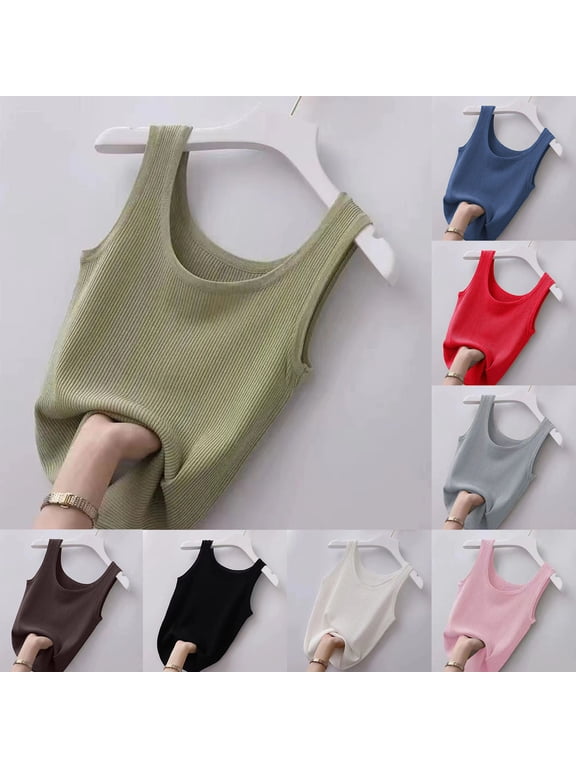 Summer Women's Crew Neck Cropped Tank Tops Solid Color Sleeveless Loose Pullover T Shirt