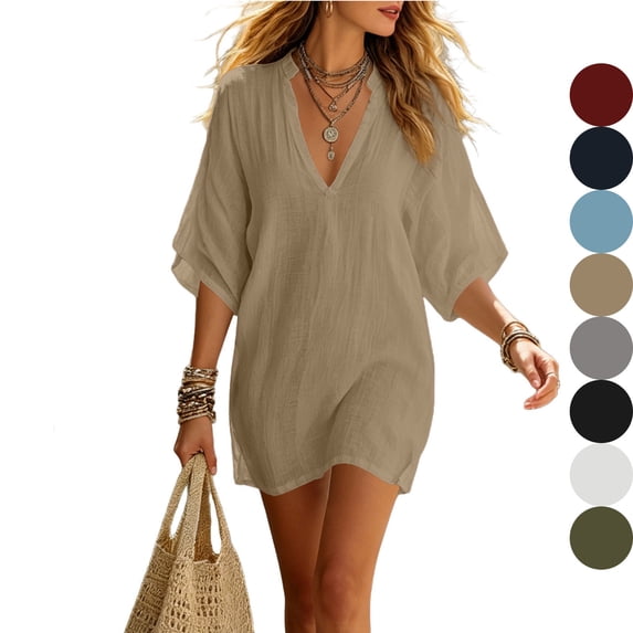 HVOBTTY Summer Women's Elbow-Length Mini Shirt Dress Solid Color Lapel Casual Lower Casual Wear