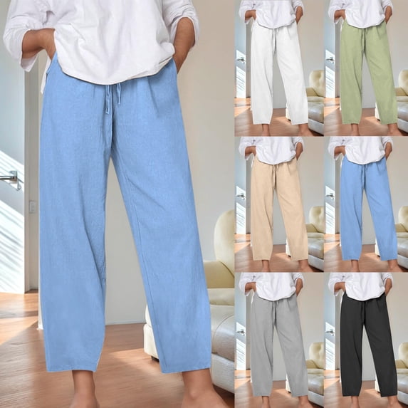 HVOBTTY Summer Women's Plus Size Casual Elastic Waist Pants Solid Color Waist Linen Straight Leg Cropped Pants