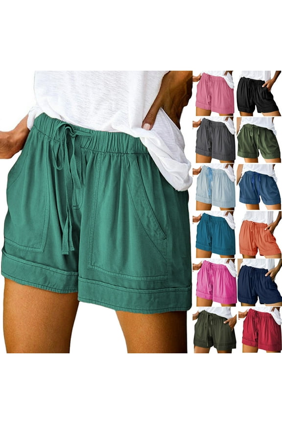 Summer Women's Plus Size Casual Elastic Waist Solid Color Front with Pockets Shorts Pink, XXL