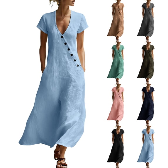 HVOBTTY Summer Women's Short Sleeve Maxi A-Line Dress Structure V Neck Casual Stylish Daily Attire