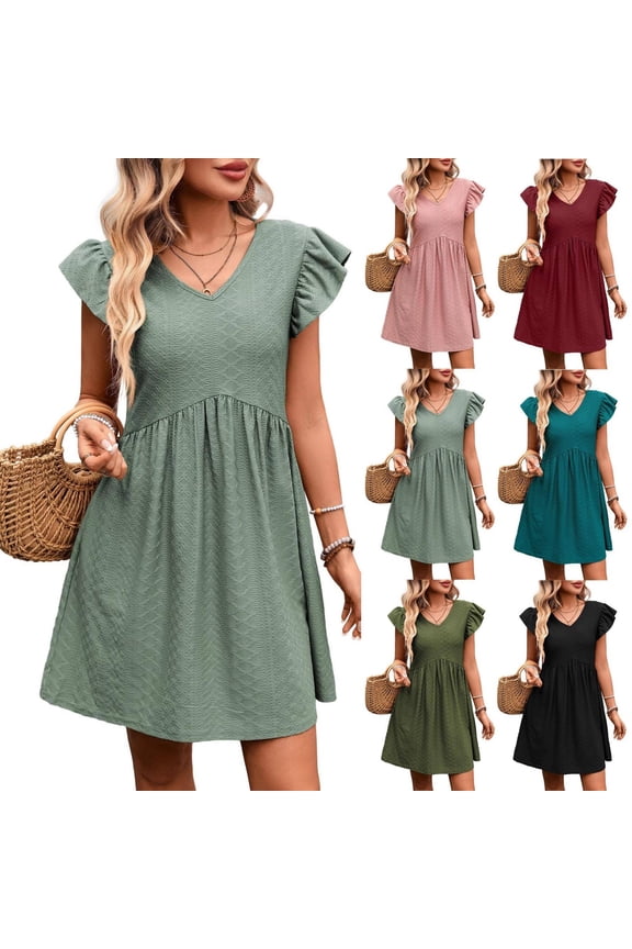 Summer Women's Short Sleeve Mini A-Line Dress Solid Color V Neck Loose A Line Out Wear