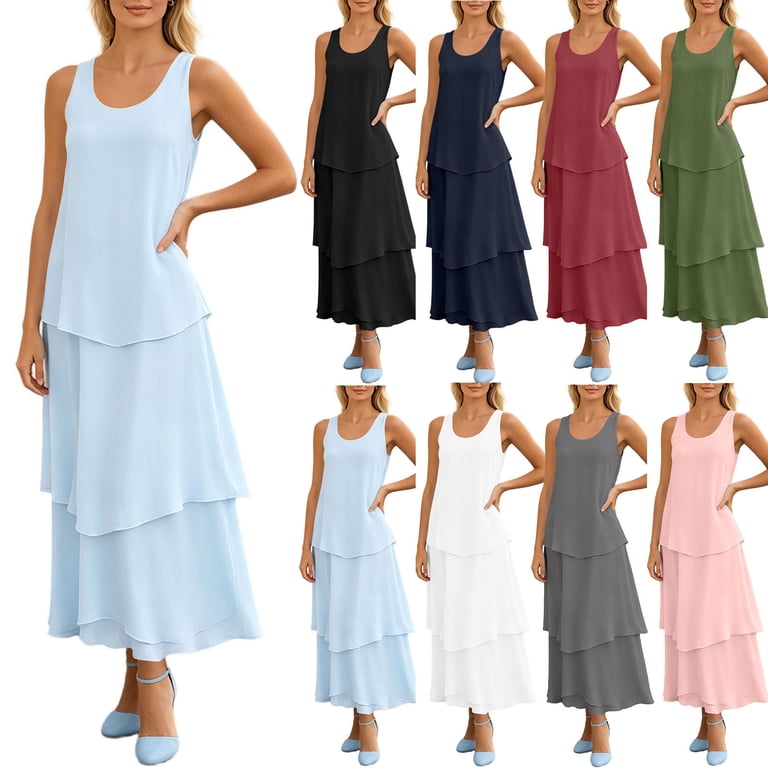 peplum dress material Hvobtty Summer Women's Sleeveless Maxi Peplum Dress Chiffon Round Neck Irregular Long Solid Color Attire, Size: 2XL, Black