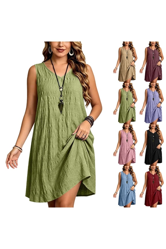 Summer Women's Sleeveless Mini A-Line Dress Plus Size Solid Color V Neck Knee Length Loose