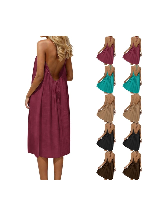 Summer Women's Sleeveless Mini A-Line Dress Solid Color Backless Backless Mesh A Line Integrated
