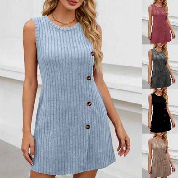 HVOBTTY Summer Women's Sleeveless Mini A-Line Dress Solid Color Round Neck Side Button Casual Daily Out Wear