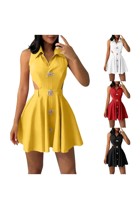 Summer Women's Sleeveless Mini A-Line Dress Solid Color Waist Defined A Line Casual Attire